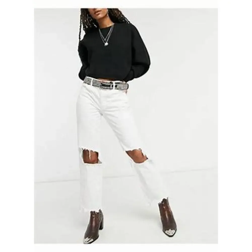 FP Free People Maggie White Mid Rise Straight Distressed Jeans Denim 26 - Picture 4 of 9